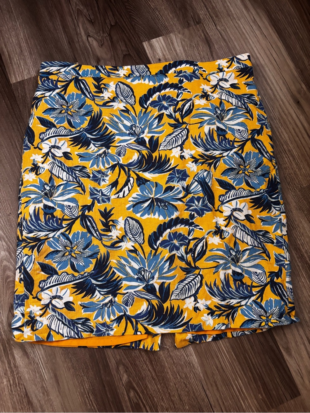 J. Crew Factory Yellow Floral A-Line Skirt with Blue and White Print